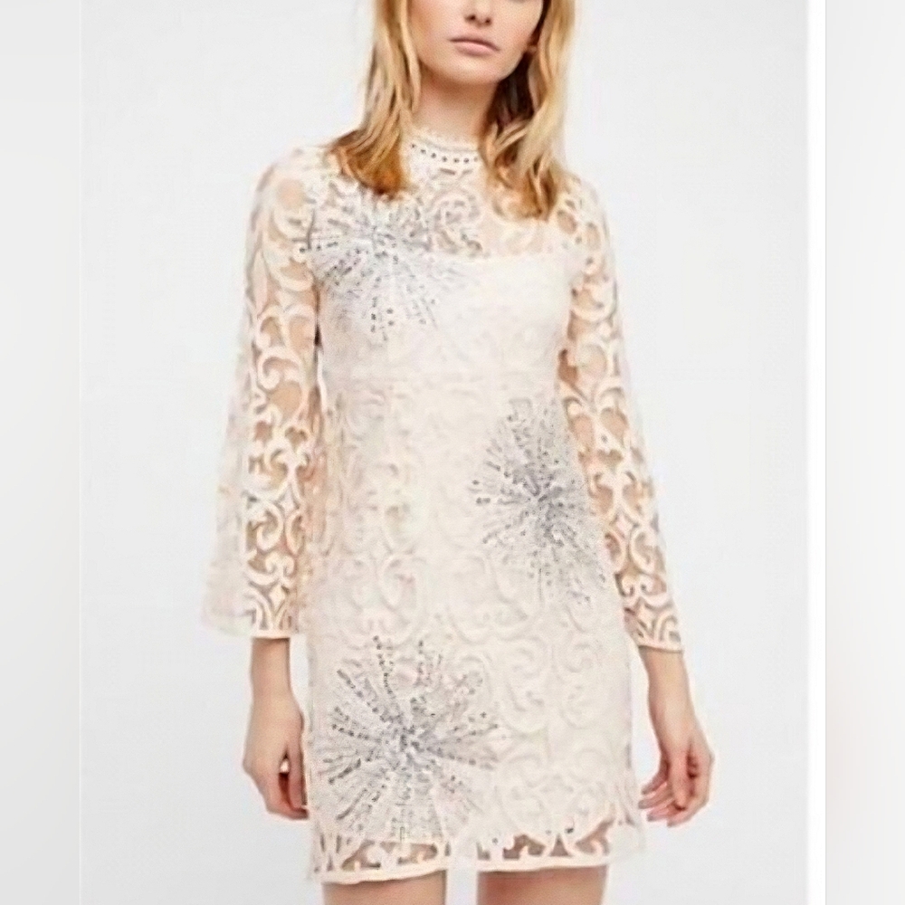 Free People NWT North Star Ivory Lace and Mesh Sparkle Mini Dress